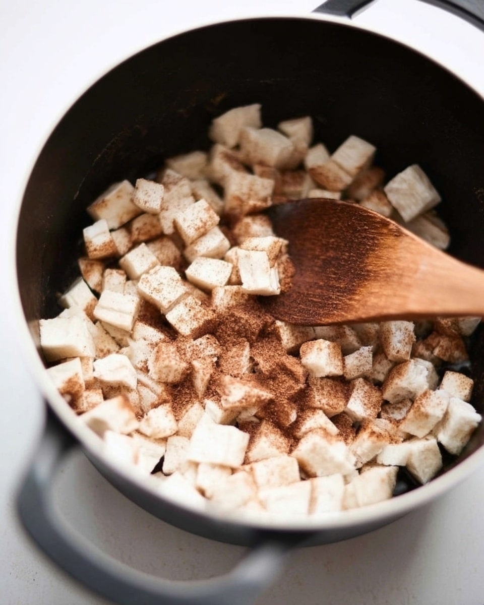 The image shows a black pot filled with small white and light brown cubed pieces being stirred with a wooden spoon. The cubes have a soft texture with a dusting of dark brown powder spread unevenly on top. The pot has a thick handle on the left side and the inside surface is smooth and shiny. The wooden spoon is flat and resting in the mixture, slightly covered by the cubes and powder. photo taken with an iphone --ar 4:5 --v 7