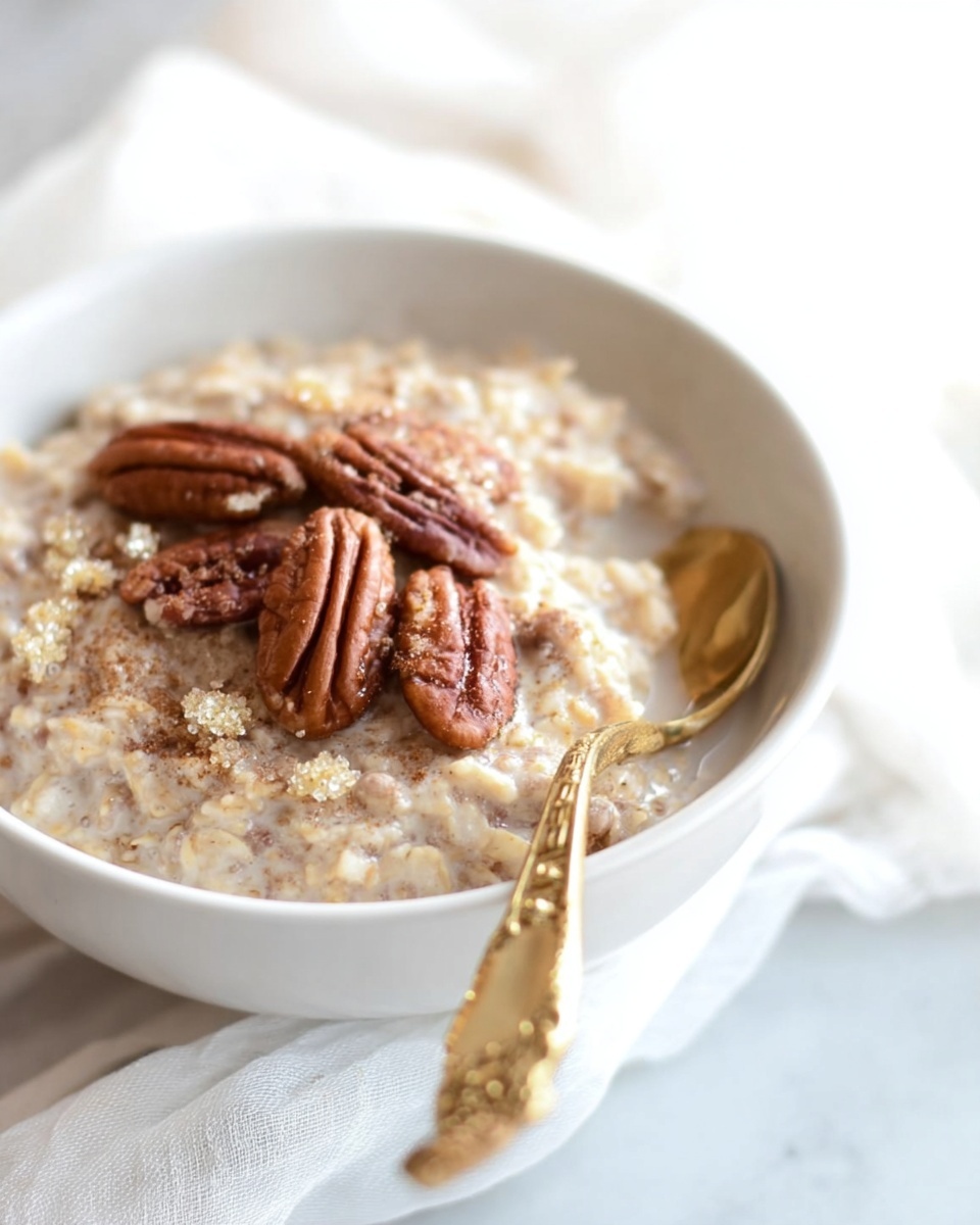 A white bowl filled with creamy oatmeal that has a light beige color and soft texture, topped with several whole pecans that are reddish-brown and slightly shiny, and a sprinkle of light brown sugar crystals scattered on top. A gold spoon rests inside the bowl on the right side, showing an ornate handle. The bowl sits on a white marbled surface with some white cloth partly visible underneath, creating a soft, cozy atmosphere. photo taken with an iphone --ar 4:5 --v 7
