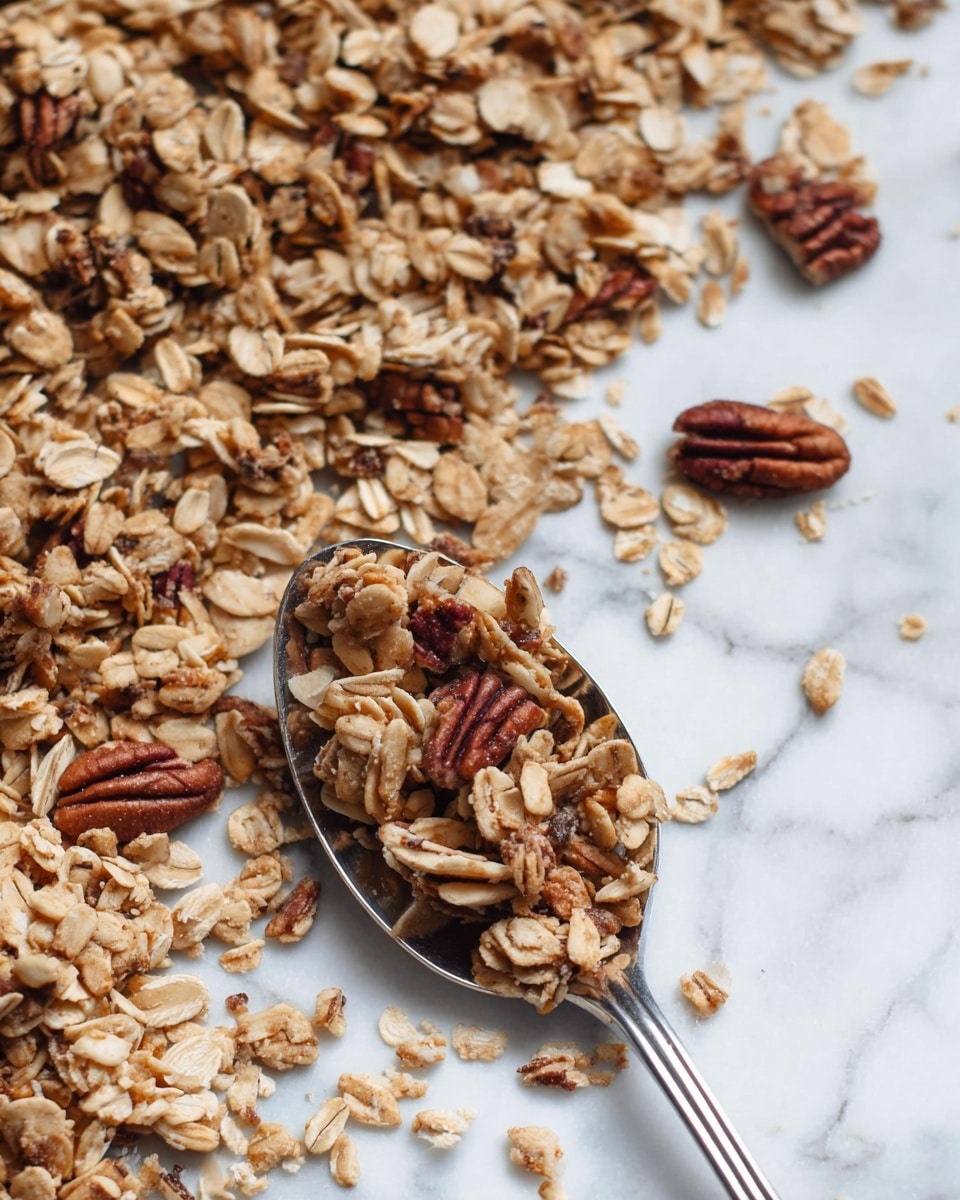 This image shows a close-up of toasted granola with oats and pecans spread out loosely on a surface with a white marbled texture. In the foreground, there is a silver spoon filled with the granola mixture, highlighting the layered clusters of light brown oats and darker brown pecans. The granola has a dry and crunchy texture with visible individual oats and nut pieces scattered around the spoon in an uneven pattern. Photo taken with an iphone --ar 4:5 --v 7