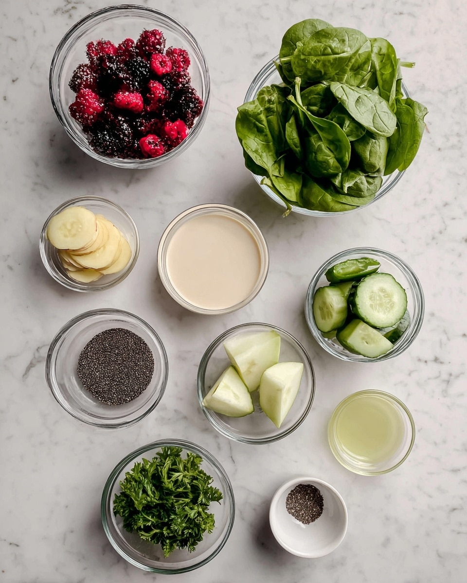 The image shows eight small clear bowls arranged on a white marbled surface. At the top left, there is a bowl filled with mixed red and dark purple berries. To the right, a bowl holds a bunch of fresh green spinach leaves. Below these, a bowl contains a creamy light beige liquid. At the middle left, there are a few pieces of light yellow circular slices, while at the middle right, a bowl has round green cucumber slices. Below these, there is a bowl with light green pieces of apple and white slices of ginger, and next to it, a bowl holds dark green leafy parsley. At the bottom, a small bowl contains black chia seeds and another small bowl has a pale yellow liquid. photo taken with an iphone --ar 4:5 --v 7