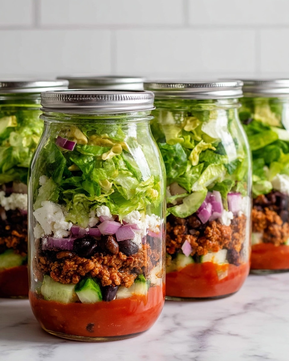 The image shows four glass jars lined up on a white marbled surface with a white tiled background. Each jar has five visible layers starting from the bottom: a bright red sauce, a layer of white creamy cheese, chopped green cucumbers and red onions, a layer of cooked ground meat mixed with black beans, and fresh green lettuce filling the top half of the jar. The lettuce leaves look crisp, with some pieces touching the jar lids that are silver. The jars appear fresh and colorful, showing all the layers clearly through the glass. photo taken with an iphone --ar 4:5 --v 7