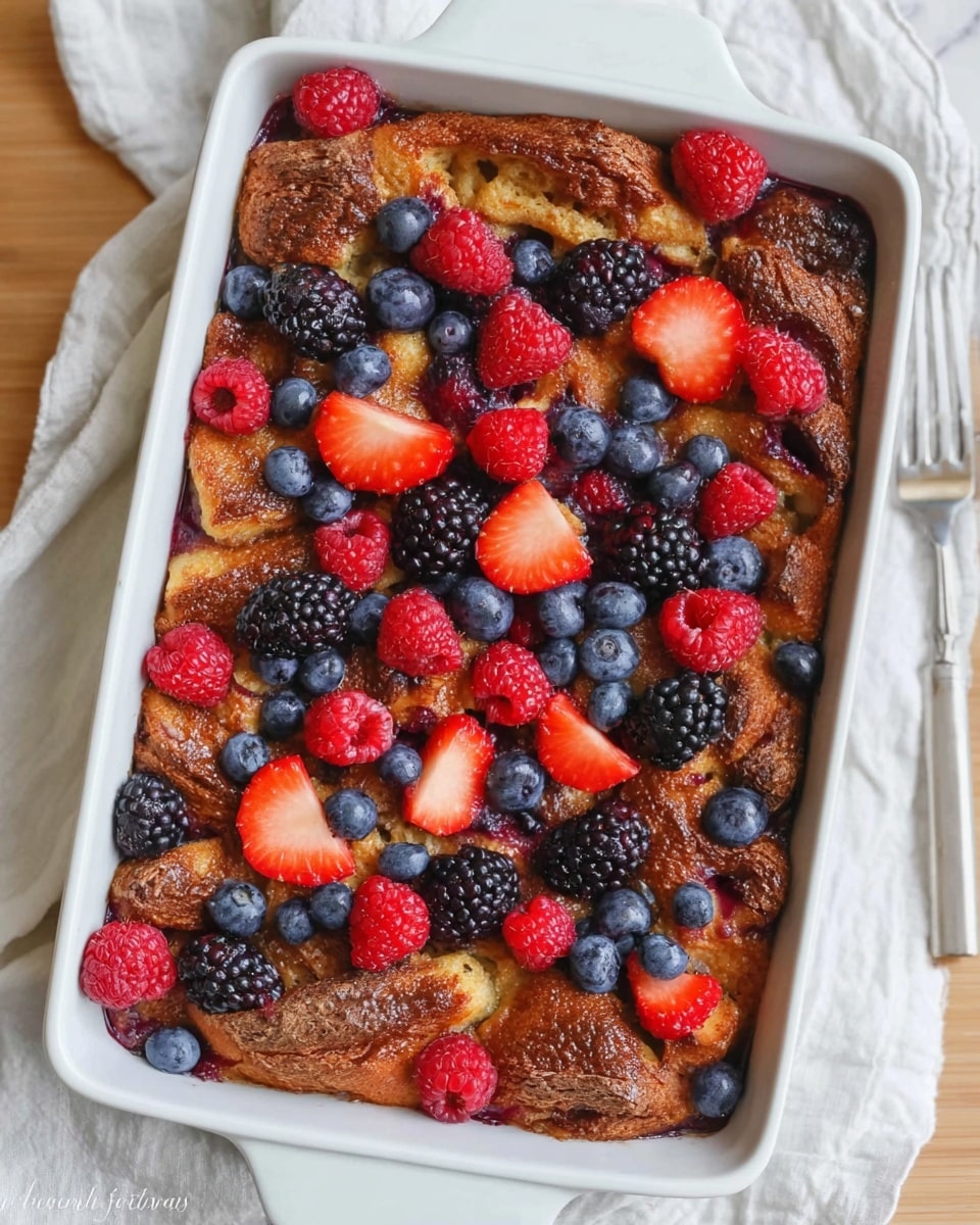 The dish shows a white rectangular baking tray filled with a baked bread pudding that has a golden brown, slightly crispy top layer. The top of the pudding is scattered with fresh berries, including bright red raspberries, sliced strawberries, dark blackberries, and small blue blueberries, adding pops of red, black, and blue colors across the warm brown surface. The texture of the bread pudding appears soft and fluffy under the berry layer, creating contrast with the juicy, smooth berries spread evenly over the whole dish. The tray sits on a white marbled surface with a light cloth underneath, and a fork is visible in the upper right corner. Photo taken with an iphone --ar 4:5 --v 7