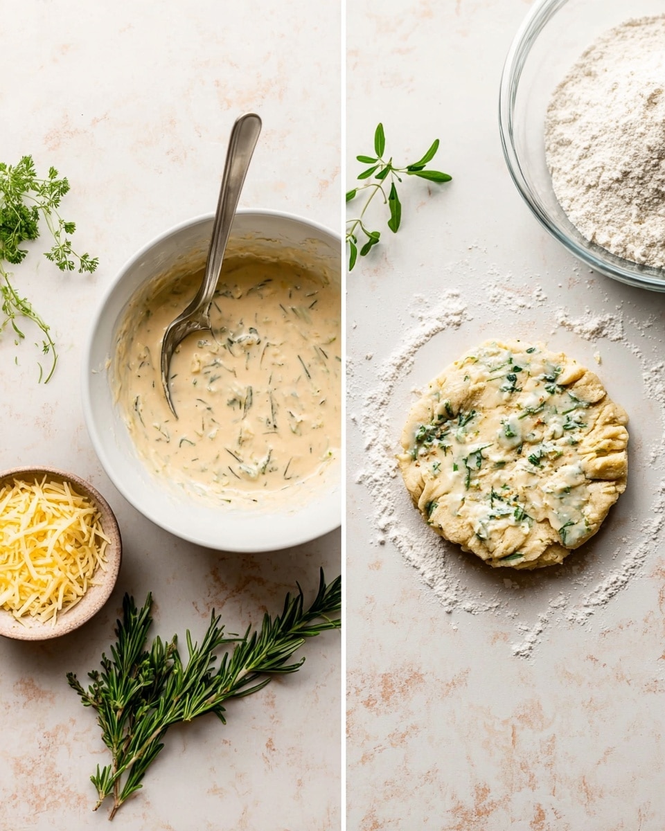 The image shows two side-by-side photos of a cooking process on a white marbled surface. On the left, there is a white bowl filled with a creamy, light beige mixture with herbs, a silver spoon resting inside, a small bowl of shredded pale yellow cheese to the right, and fresh green rosemary and parsley sprigs nearby. On the right, a small round dough piece with a rough flour-dusted edge is placed on the same surface, spread evenly with the same creamy herb mixture on top. The top right corner has a clear glass bowl with white flour inside. Photo taken with an iphone --ar 4:5 --v 7