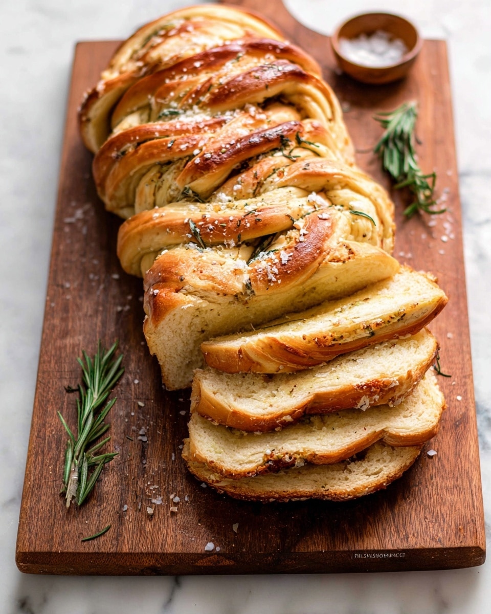 A loaf of golden brown twisted bread sits on a wooden board, with several layers visible from the side. The bread is sprinkled with coarse salt and small green rosemary sprigs, adding texture and color contrast to the light and dark golden crust. The twisted layers show a soft, fluffy inside with a slightly crispy top, and the bread is partly sliced with thick pieces leaning side by side. A few rosemary sprigs are placed on the white marbled surface beside the board. Photo taken with an iphone --ar 4:5 --v 7