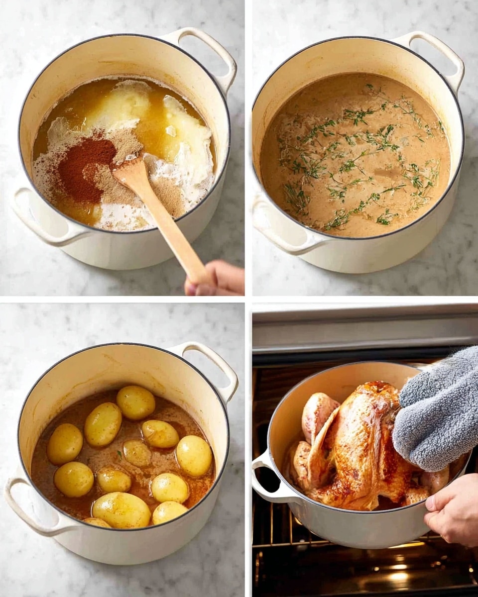 The dish shows a cooking process in four images. The first image has a white pot with golden melted butter and brown spices being mixed with a wooden spatula on a white marbled surface. The second image shows the same pot now filled with a creamy, light brown sauce with green herbs floating on top, being stirred by the wooden spatula. The third image shows a whole raw chicken covered in a reddish-brown sauce, surrounded by small yellow potatoes inside the same pot. The fourth image shows a woman’s hand wearing a gray oven mitt placing the covered white pot into an oven with a glimpse of the white marbled surface nearby. Photo taken with an iphone --ar 4:5 --v 7