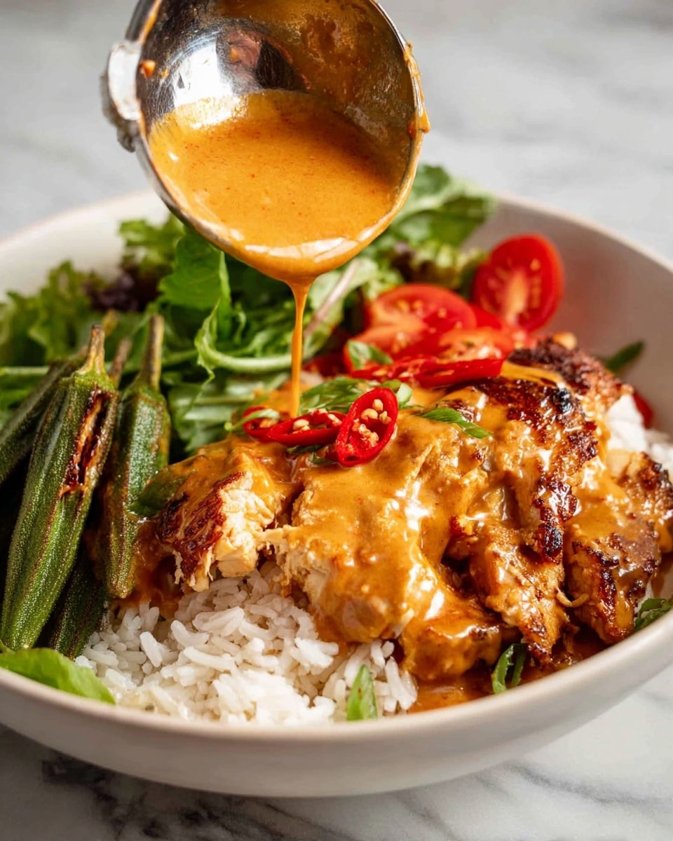 The dish shows a close-up of white rice on the bottom layer with a slightly sticky texture, topped with grilled pieces of golden brown chicken that look juicy and tender. A rich, orange-colored creamy sauce is being poured over the chicken from a metal ladle, with hints of red chili slices scattered on top. On one side, there are roasted green okra pods with a slight char, and fresh green lettuce leaves along with sliced red cherry tomatoes add color and freshness at the back of the white bowl. The bowl sits on a white marbled surface. Photo taken with an iphone --ar 4:5 --v 7