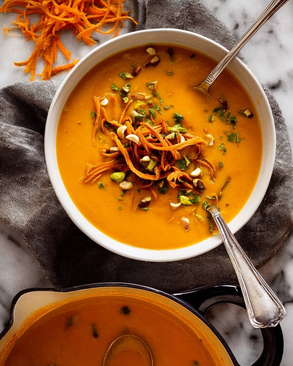 A white bowl filled with bright orange smooth soup topped with thin curly strips of darker orange vegetable and small chopped green nuts, garnished with green herbs. A silver spoon is dipped into the soup on the right side. The bowl sits on a gray cloth on a white marbled surface. Below the bowl, there is a white pot with matching orange soup inside and a ladle resting in it. Some orange vegetable strips are scattered on the cloth near the top left corner. Photo taken with an iphone --ar 4:5 --v 7