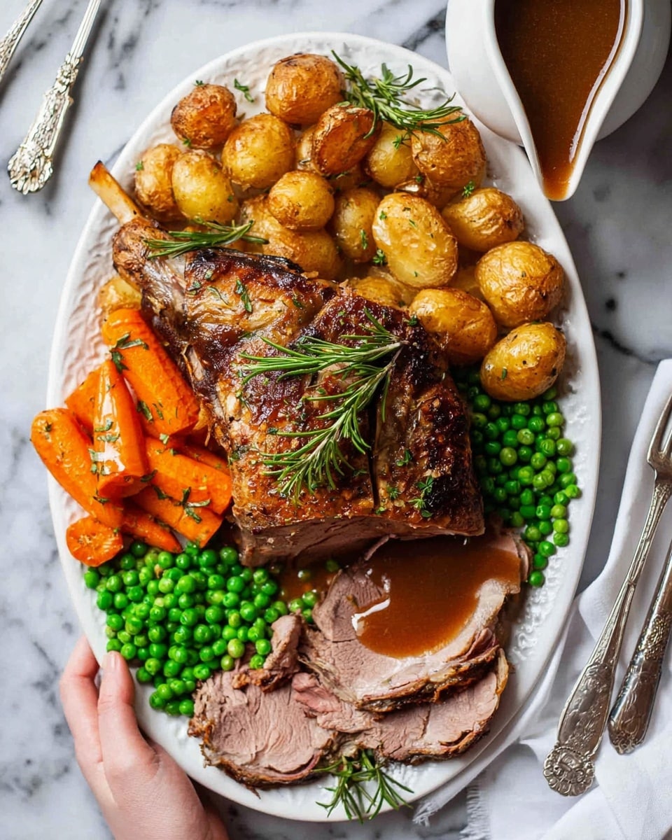 A large white oval plate filled with a roast lamb leg placed in the center, showing a crispy brown crust and juicy pink inside, garnished with fresh rosemary sprigs. Around the lamb, there are golden roasted potatoes with a crispy texture clustered on one side, bright orange carrot slices cooked and sprinkled with herbs at the bottom, and a heap of vibrant green peas on the opposite side. A white gravy boat filled with rich brown gravy sits near the top edge, a small pour of gravy flows over a few slices of lamb on the right. The plate rests on a white marbled surface with a woman’s hand holding the edge, and vintage silver cutlery placed on a white cloth napkin to the right. photo taken with an iphone --ar 4:5 --v 7