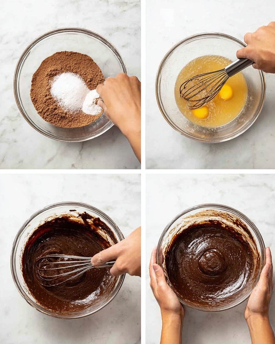 The image shows four steps of mixing ingredients in a glass bowl set on a white marbled surface. In the first step, a woman's hand is stirring dry brown powder with white salt or sugar layered evenly on top. In the second step, a woman's hand is whisking raw yellow egg and liquid into the dry brown mixture inside the same glass bowl. The third step shows a woman's hand whisking thick, smooth dark chocolate batter filling most of the glass bowl. In the fourth step, a woman's two hands hold the bowl showing the glossy, thick dark chocolate batter. Photo taken with an iphone --ar 4:5 --v 7