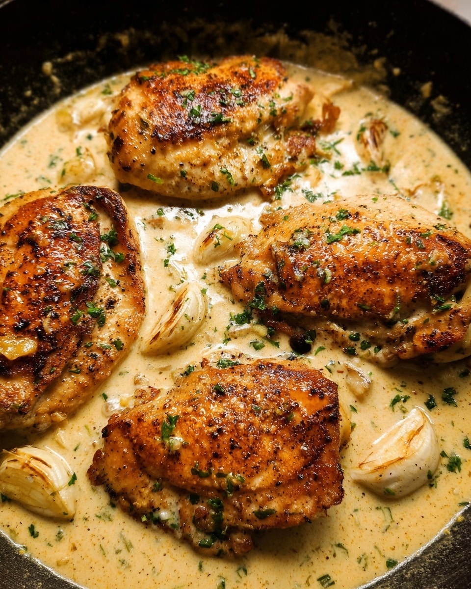 The image shows four golden brown chicken pieces in a thick creamy sauce inside a black pan. The chicken has a crispy texture with small browned spots and is topped with small green herb bits. The creamy sauce is light beige with a smooth texture and some whole garlic cloves scattered around. The scene feels warm and rich. Photo taken with an iphone --ar 4:5 --v 7