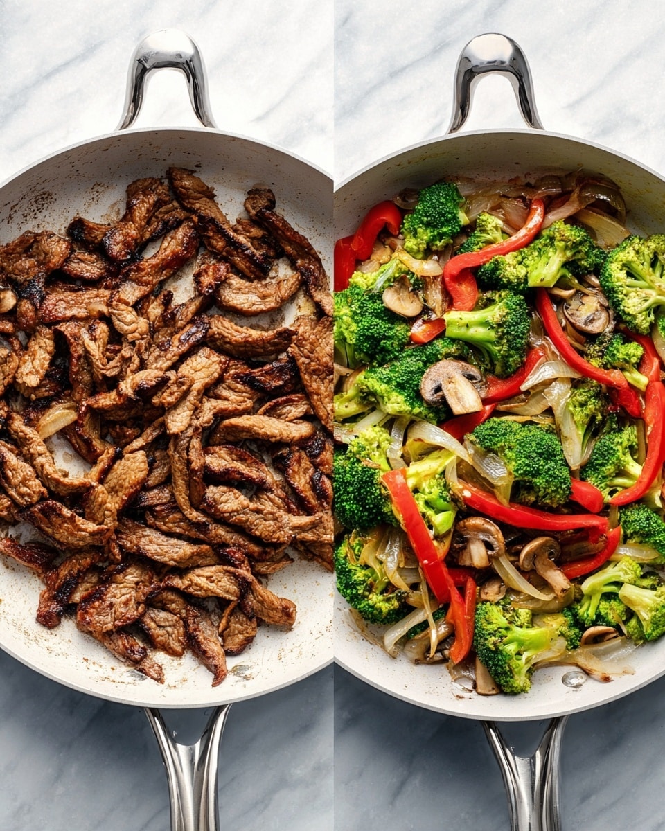 The image shows two white pans on a white marbled surface, each containing different cooked ingredients. The left pan has many strips of browned meat, cooked to a slightly crispy texture with some char marks, covering the bottom in an even layer. The right pan holds a colorful mix of vegetables, including bright green broccoli florets, red bell pepper slices, light brown mushrooms, and light golden onion strips, all mixed together and spread evenly across the pan. Both pans have metal handles, and the cooking in each pan looks fresh and vibrant. Photo taken with an iphone --ar 4:5 --v 7