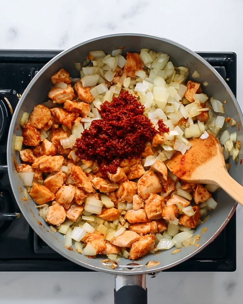 The image shows a grey pan filled with chopped chicken pieces that are light orange from seasoning, mixed with lots of small chopped white onion pieces spread evenly around. In the center top of the pan, there is a pile of dark red tomato paste, slightly chunky. To the right, a wooden spatula held by a woman's hand is stirring the ingredients. The pan is on a black stove, and the whole setup is on a white marbled surface. Photo taken with an iphone --ar 4:5 --v 7