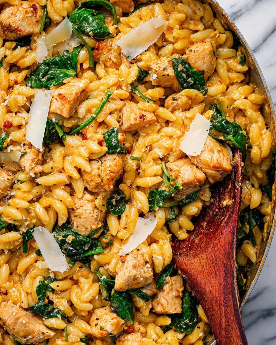 The image shows a close-up of a mixed dish with small, yellow, rice-like pasta pieces and chunks of cooked light brown chicken pieces spread throughout. There are wilted dark green spinach leaves and bits of cooked onions scattered evenly. The dish is coated in a light orange sauce giving a slightly glossy look. On top, there are a few thin, white, curled cheese slices sprinkled at random. A wooden spoon on the right side is partially immersed in the dish. The whole scene is set against a white marbled surface. photo taken with an iphone --ar 4:5 --v 7