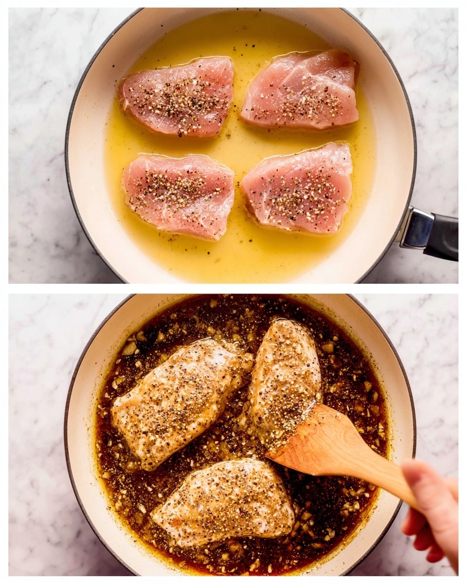 The first image shows four raw, pale pink pieces of meat sprinkled with black pepper, cooking gently in a white pan filled with a light yellow liquid, evenly spaced and laying flat. The second image shows the same four pieces now lightly browned with a golden crust, sitting in a dark brown, glossy sauce with small bits of garlic or onion. A woman's hand holding a wooden spatula is stirring the sauce on the right side of the pan. The background is a white marbled texture. photo taken with an iphone --ar 4:5 --v 7