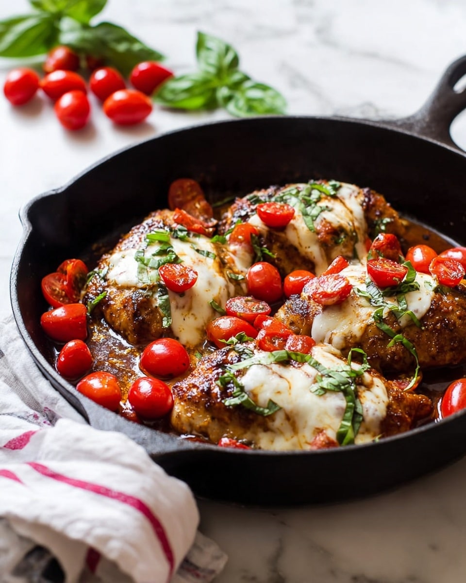 A black cast iron pan holds four browned chicken pieces layered with melted white cheese on top. Bright red cherry tomatoes, some whole and some cut in halves, are scattered around and on the chicken. Fresh green basil leaves add color, placed mostly on top. The pan is on a white marbled surface with a white and red striped cloth under the handle, and more cherry tomatoes and basil leaves are blurred in the background. Photo taken with an iphone --ar 4:5 --v 7