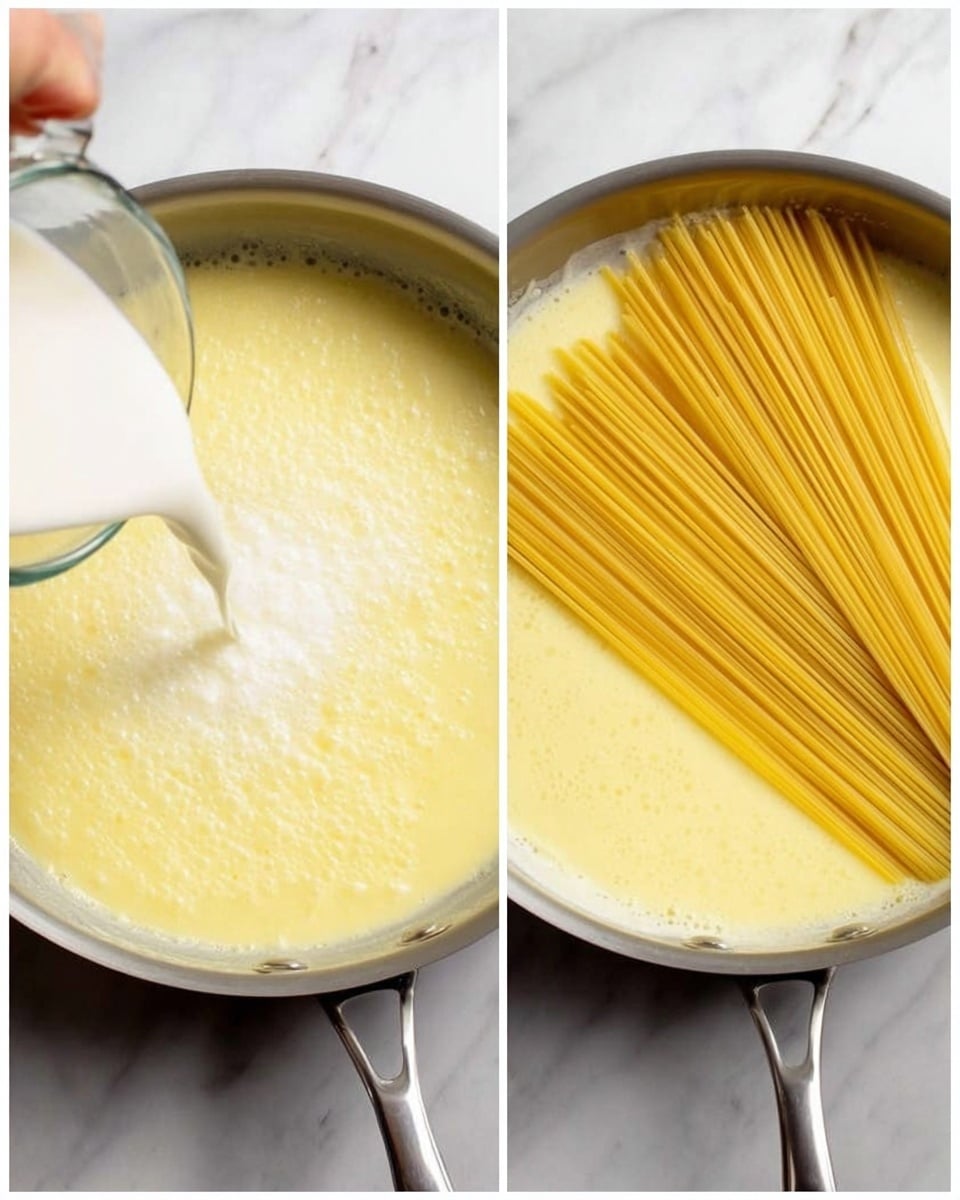The image shows two side-by-side views of a silver pan on a white marbled surface. In the left view, a creamy yellow liquid fills the pan, and a woman's hand is pouring a white liquid into it from a glass cup, creating small swirls on the surface. In the right view, uncooked long yellow spaghetti sticks are placed diagonally inside the same creamy yellow liquid in the pan, with the pasta ends resting on the edge of the pan handle. The scene is well-lit, showing the smooth texture of the liquids and the straight pasta strands. Photo taken with an iphone --ar 4:5 --v 7
