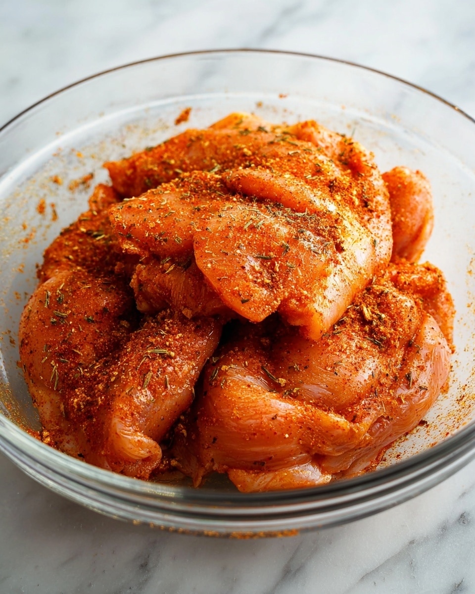 A clear glass bowl sits on a white marbled texture, filled with several pieces of raw chicken that are fully covered in a reddish-orange spice mix. The chicken pieces are layered together in the bowl, showing different shapes and smooth textures, with the spice evenly spread over the surface, giving them a slightly rough look with specks of herbs and seasonings. Photo taken with an iphone --ar 4:5 --v 7