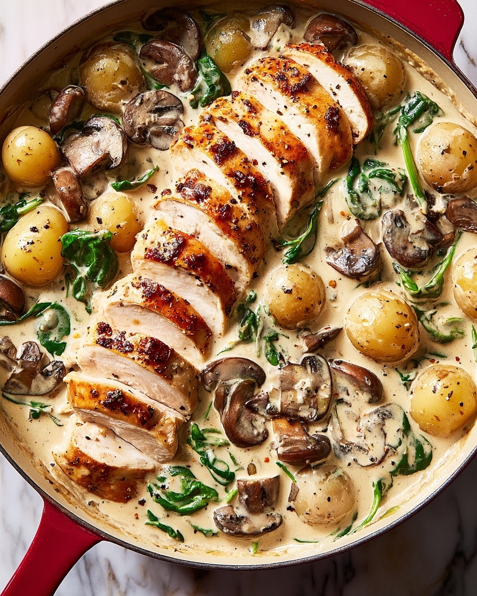 A close-up view of a red skillet filled with creamy sauce, thick and light beige in color, mixed with small round potatoes, dark brown sliced mushrooms, and green spinach leaves scattered evenly. On top, there are two rows of golden brown sliced chicken pieces, each showing juicy white meat inside with a slightly charred outer layer. The sauce has a smooth texture with specks of black pepper sprinkled across the chicken and sauce. The skillet is placed on a white marbled surface. photo taken with an iphone --ar 4:5 --v 7