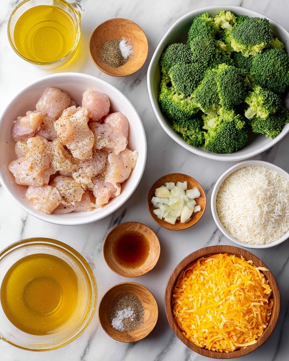 The image shows several bowls with ingredients arranged on a white marbled surface. In the center, there is a white bowl filled with raw chicken pieces seasoned with pepper and salt. To the top right, there is a white bowl filled with fresh green broccoli florets. To the top left, a glass measuring cup holds a yellow broth or liquid. Below the chicken, there are four small wooden bowls: one with chopped garlic, one with a clear amber liquid, one with a mix of salt and pepper, and one with chopped white onions. To the right side, a wooden bowl contains uncooked white rice. Lastly, a white bowl at the bottom right is filled with grated bright orange cheddar cheese. Each ingredient is clearly separated and the colors range from green and white to yellow and orange, creating a vibrant mix. Photo taken with an iphone --ar 4:5 --v 7