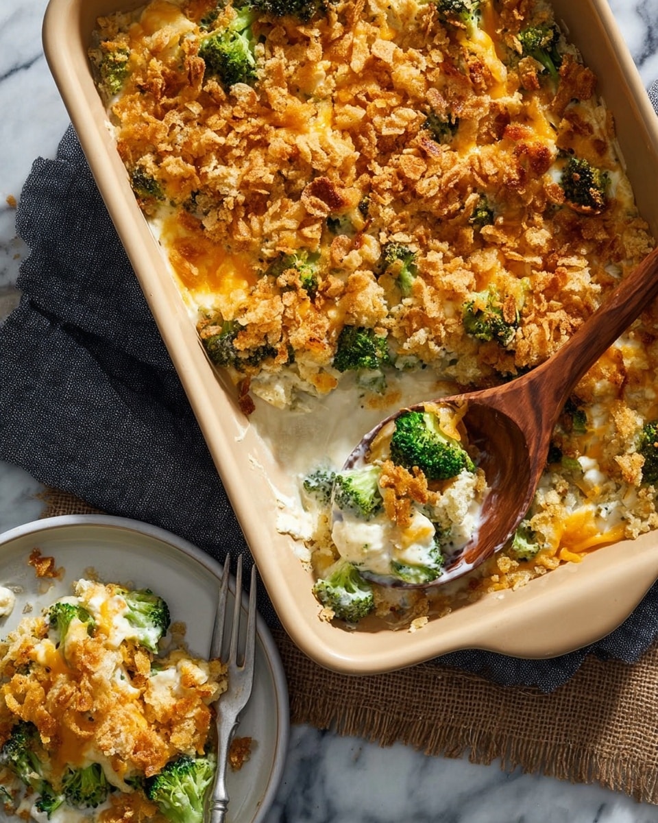 A beige baking dish filled with a creamy casserole showing three main layers: a crunchy golden-brown crumb topping on the surface with some darker toasted spots, a bright orange melted cheese layer directly below it, and a creamy white sauce mixed with green broccoli florets scattered evenly throughout the dish. A wooden spoon is scooping some casserole from the dish, revealing the smooth texture of the sauce and cheese blending with the broccoli and crunchy topping. Next to the dish, there is a white plate with a serving of the same casserole, showing the mixture of cheese, sauce, broccoli, and crumb topping. All set on a white marbled surface with a dark cloth underneath the dish and a piece of burlap near the plate. Photo taken with an iphone --ar 4:5 --v 7