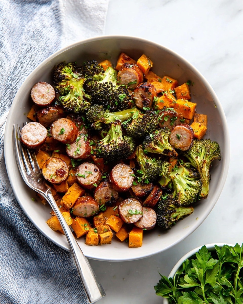 A white bowl filled with three layers of food: the bottom layer is golden orange cubes of cooked sweet potatoes, the middle layer has round slices of browned sausage in a reddish-brown color, and the top layer has small green broccoli florets lightly charred with dark edges and sprinkled green herbs. A silver fork rests on the left edge inside the bowl, which sits on a white marbled surface with a white and blue cloth partially visible on the left. To the right, a small white bowl holds fresh green parsley leaves. photo taken with an iphone --ar 4:5 --v 7