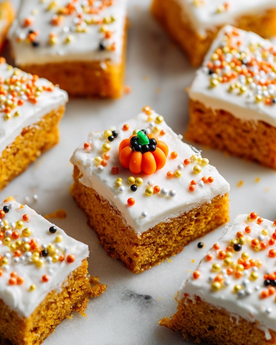 This image shows several square-shaped pumpkin bars with one missing in the center, placed on a white marbled surface. Each bar has two layers; the bottom is an orange pumpkin cake layer with a rough texture, and the top is a smooth, thick white frosting layer. The frosting is decorated with small sprinkles in orange, yellow, white, and gold. One bar near the center has a small, brightly colored pumpkin decoration made of tiny round beads in orange, green, and black on top of the frosting. The edges of the bars are neat but slightly crumbly. photo taken with an iphone --ar 4:5 --v 7