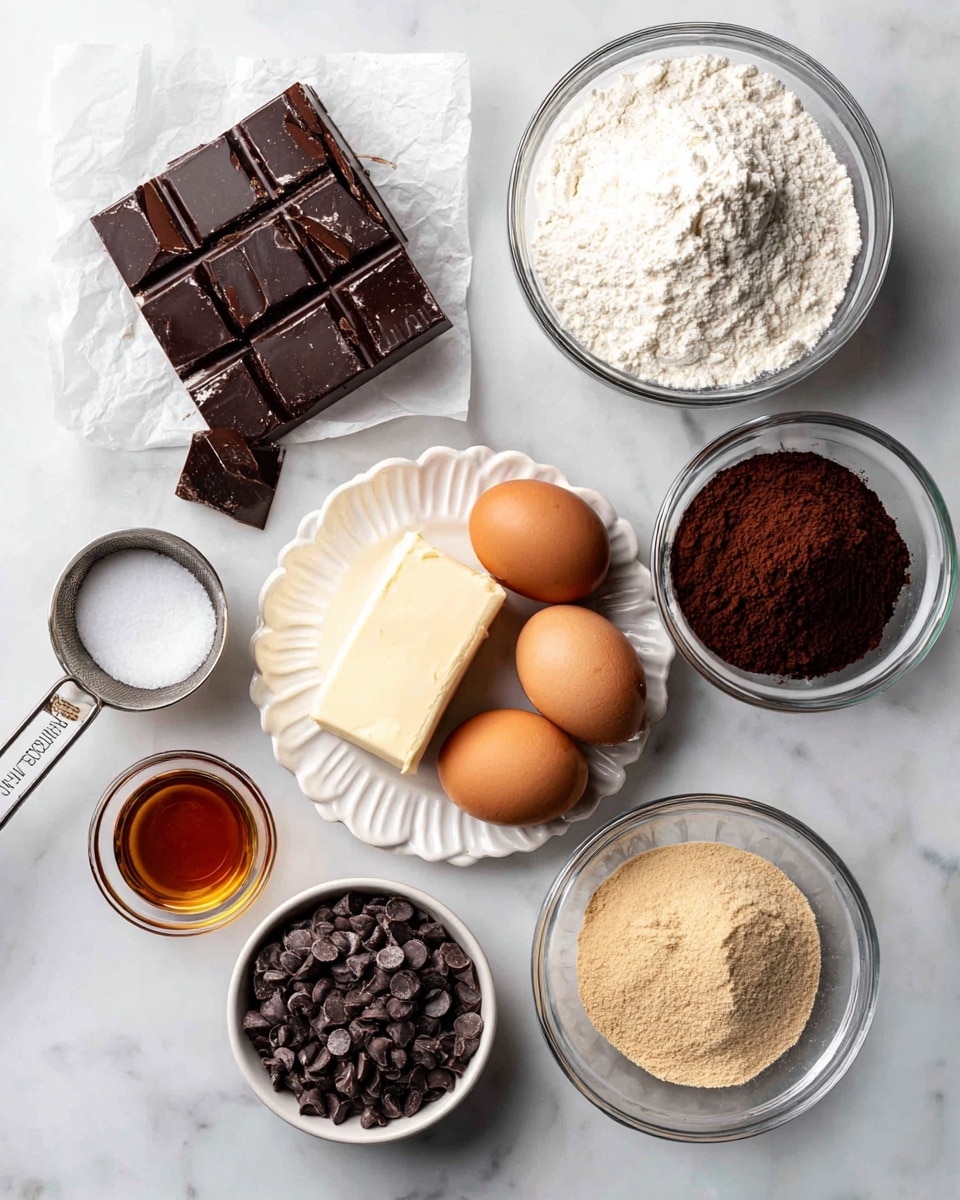 The image shows several baking ingredients arranged on a white marbled surface. In the top left, a large block of dark chocolate lies partially broken on white parchment paper. To the right, there is a glass bowl filled with white flour and a smaller glass bowl with dark brown cocoa powder. Below the flour, a white fluted plate holds a stick of butter wrapped in paper and three brown eggs. Next to that plate, a small metal cup contains white salt. At the bottom left, a small glass cup with amber vanilla extract sits near a metal measuring cup filled with dark chocolate chips. Lastly, a glass bowl with light and dark brown sugars is placed at the bottom right. All items are labeled with bold black text. Photo taken with an iphone --ar 4:5 --v 7