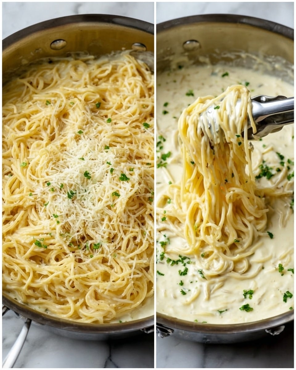A close-up of a metal pan filled with creamy white sauce and yellow cooked spaghetti noodles. The noodles form one thick layer swirling in the sauce, with grated light yellow cheese scattered on top in the left image and some green chopped herbs sprinkled evenly on the noodles in the right image. A silver tong lifts a small bunch of noodles in each image. The pan sits on a white marbled surface with a rich creamy texture coating the noodles. Photo taken with an iphone --ar 4:5 --v 7
