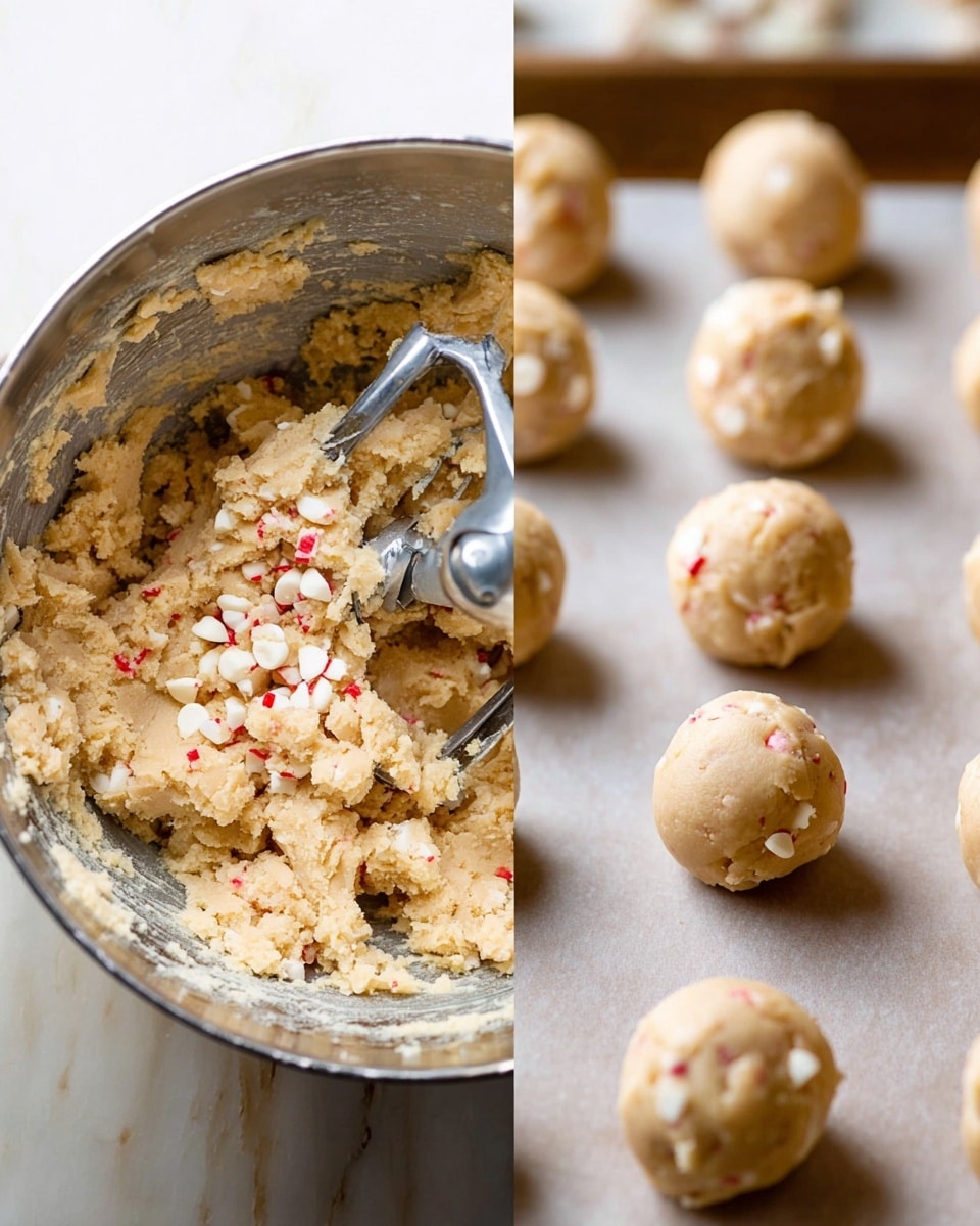 The image shows two parts: on the left is a close-up of a mixing bowl filled with light tan cookie dough that has small white and red pieces mixed in, the dough looks soft and slightly crumbly with a metal mixer attachment above it; on the right are round balls of the same dough placed evenly on a white baking sheet, each ball is smooth with visible white chunks and tiny red specks; the background surface is a white marbled texture photo taken with an iphone --ar 4:5 --v 7