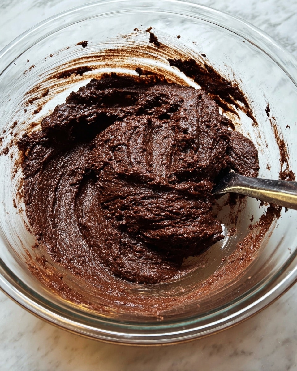 A clear glass bowl holds thick, dark brown chocolate batter with a slightly rough but moist texture, gathered mostly in the center with some spread around the sides of the bowl. A metal spoon is partially submerged in the batter on the right side, with its handle sticking out and some batter clinging to it. The bowl sits on a white marbled surface, with the batter showing uneven swirls and small lumps. photo taken with an iphone --ar 4:5 --v 7