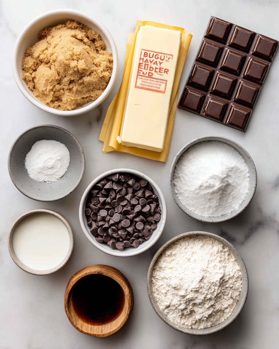 The image shows nine baking ingredients arranged neatly on a white marbled surface. At the top left, there is a white bowl filled with light brown, crumbly brown sugar. To the right, a partially unwrapped chocolate bar with dark brown squares lies on top of yellow wrappers. Below the brown sugar is a pale yellow stick of butter with red text. In the center is a small dark gray bowl with white salt. Below the salt is a white bowl full of small, dark brown mini chocolate chips. To the right of the chips, a small wooden bowl holds white milk. At the bottom left, a small gray bowl contains white sugar, and near it is a small brown bowl with dark brown vanilla liquid. On the bottom right, a large white bowl is filled with fine white flour. All items are labeled in bold black capital letters. Photo taken with an iphone --ar 4:5 --v 7