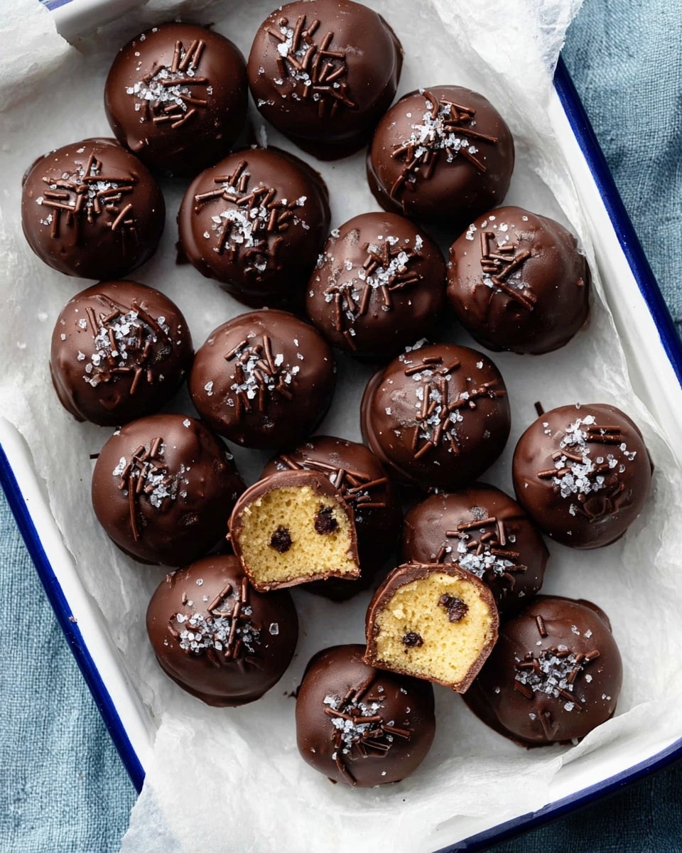 A group of small round chocolate treats laid out on white parchment paper inside a white tray with a blue rim, each treat coated in smooth shiny dark chocolate with a few chocolate sprinkles on top and a small sprinkle of coarse salt, two treats are bitten showing a soft yellow cake center with small dark chocolate chips inside. photo taken with an iphone --ar 4:5 --v 7
