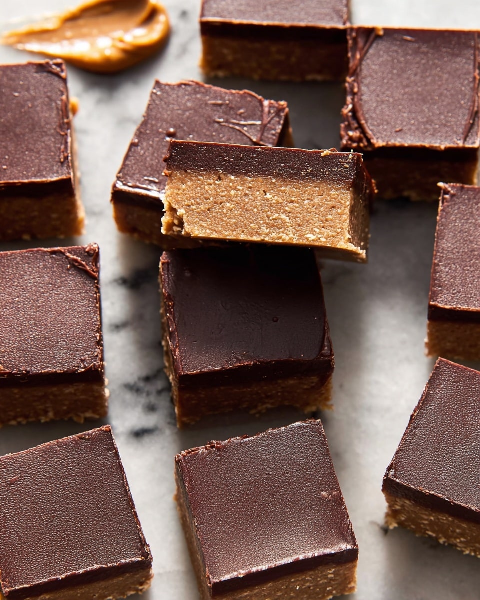 The image shows many small square bars stacked closely together on a surface with a white marbled texture. Each bar has two clear layers: the bottom layer is thick, dense, and light brown with a slightly grainy texture, and the top layer is thinner, smooth, and dark brown, with a shiny chocolate-like finish. One piece near the center has a small bite taken out, revealing the contrast between the soft bottom and firm top layers. In the top left corner, there is a small smear of light brown creamy spread. The lighting is soft, highlighting the textures clearly. photo taken with an iphone --ar 4:5 --v 7