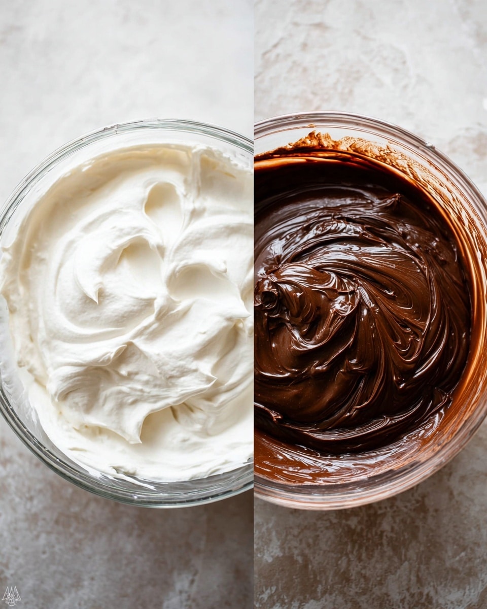 The image shows two glass bowls side by side, both on a white marbled surface. The left bowl contains a smooth, thick layer of white whipped cream or meringue with soft peaks and a swirled texture, filling most of the bowl. The right bowl holds a rich, dark brown chocolate batter with a glossy, thick texture and visible swirls made by a spoon partially submerged in the mixture. Both bowls display the contrast between the fluffy white cream and the dense chocolate batter. photo taken with an iphone --ar 4:5 --v 7