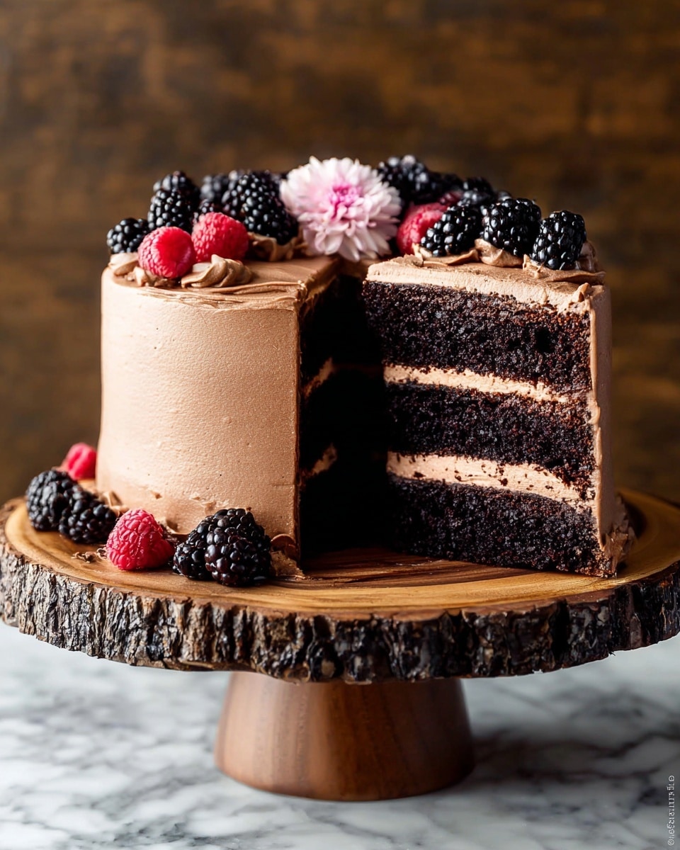 A tall chocolate cake with five visible dark chocolate cake layers separated by four thick layers of light brown chocolate frosting is shown with one slice removed. The outside of the cake is coated smoothly with the same light brown chocolate frosting. The top of the cake is decorated with fresh blackberries and raspberries, along with a small light pink flower in the center. The cake sits on a wooden cake stand with a textured bark edge, and the background is a white marbled texture. Photo taken with an iphone --ar 4:5 --v 7