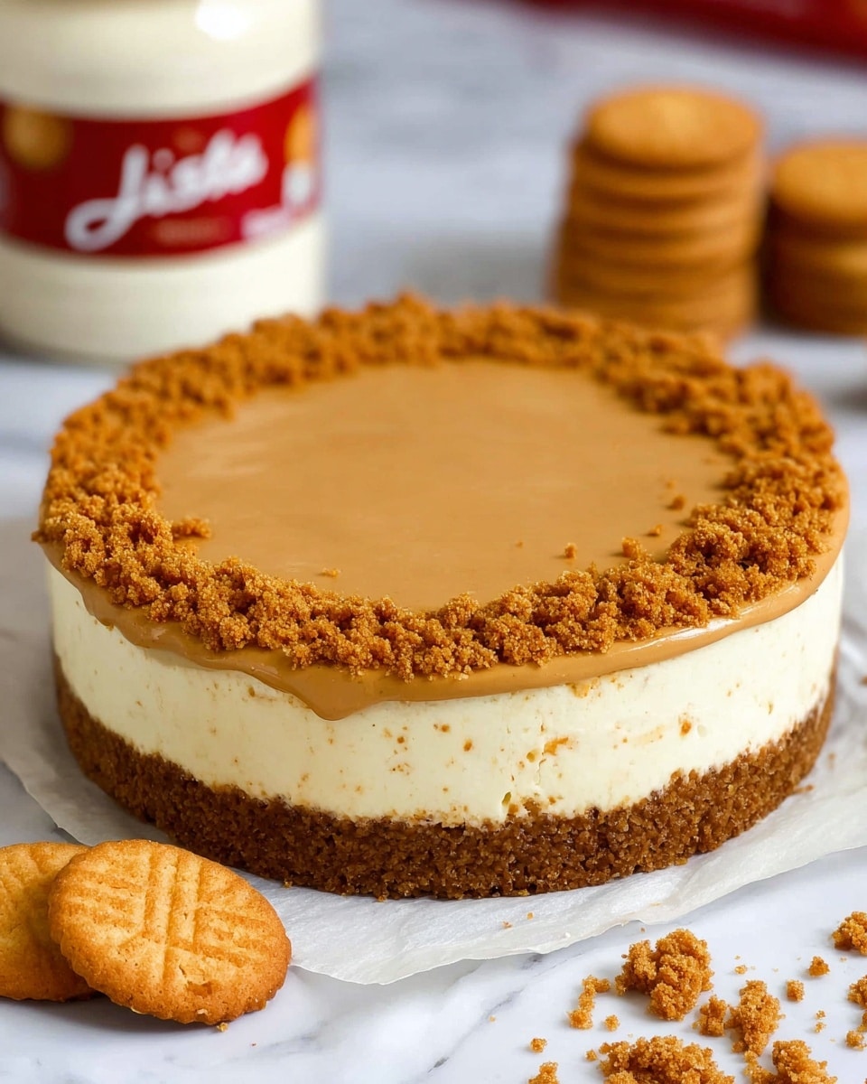 A round three-layered dessert is shown on white parchment paper over a white marbled surface. The bottom layer is a thick, crumbly brown crust. Above this is a thick creamy white middle layer that looks smooth and firm. The top layer has a smooth light brown spread in the center, bordered by a ring of crumbly golden-brown crumbs around the edge. Crumbs and two whole golden cookies lie to the side on the surface. A white jar with red labeling and cookies is blurred in the background. photo taken with an iphone --ar 4:5 --v 7