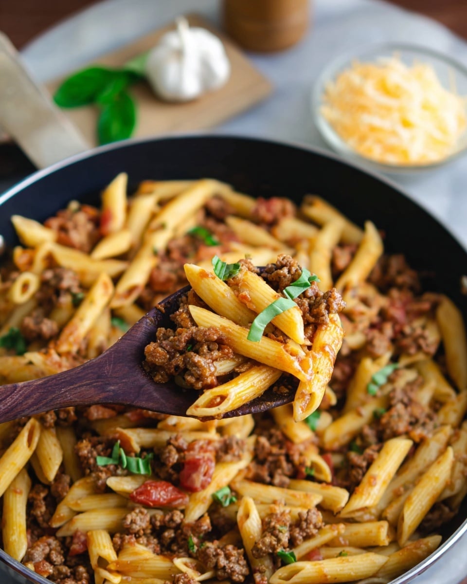 This image shows a large black pan filled with cooked penne pasta mixed with browned ground meat and small pieces of red tomato. The pasta and meat sauce are mixed well, with the penne noodles showing a golden-yellow color and the meat a deep brown. Scattered small green basil leaves add bright green color pops on top. A dark wooden spoon lifts a scoop of this pasta mix toward the camera, highlighting the textures of the meat and pasta layers. In the blurred background, there is a white marbled surface with a cutting board holding garlic and a basil leaf, and a small bowl filled with shredded cheese. photo taken with an iphone --ar 4:5 --v 7