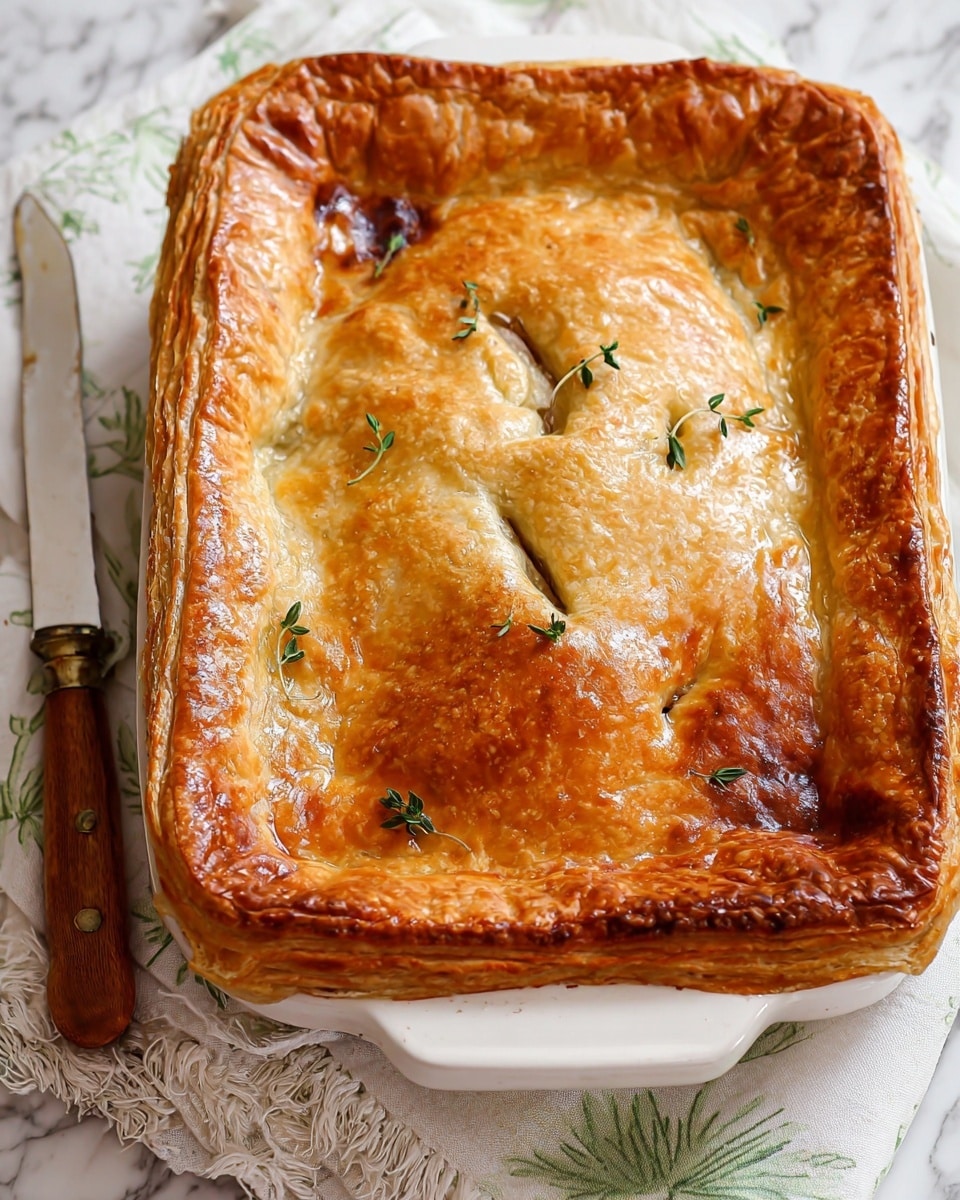 The image shows a rectangular golden-brown pie with a flaky crust, baked in a white dish. The crust has a shiny, crispy texture with slightly puffed areas and four small slits on top for steam to escape. Small green thyme leaves are scattered over the crust for decoration. The pie rests on a white marbled surface, placed on a light cloth with a subtle green floral pattern. A knife with a wooden handle lies beside the dish, partially on the cloth. Photo taken with an iphone --ar 4:5 --v 7