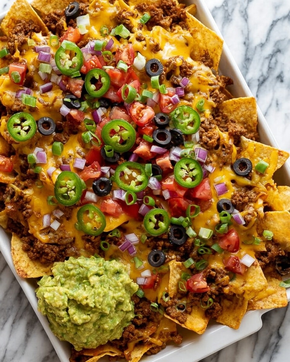 A large white rectangular tray filled with layered nachos. The first layer shows thick, yellow tortilla chips spread evenly at the bottom. On top, melted light yellow cheese covers many chips, mixed with crumbly cooked brown ground meat. Scattered over are bright green sliced jalapeños, black olive rings, and small diced red tomatoes. There are also finely chopped purple onions and green onion slices spread evenly. To the side of the tray, there is a mound of chunky green guacamole. The tray is placed on a white marbled surface. Photo taken with an iphone --ar 4:5 --v 7