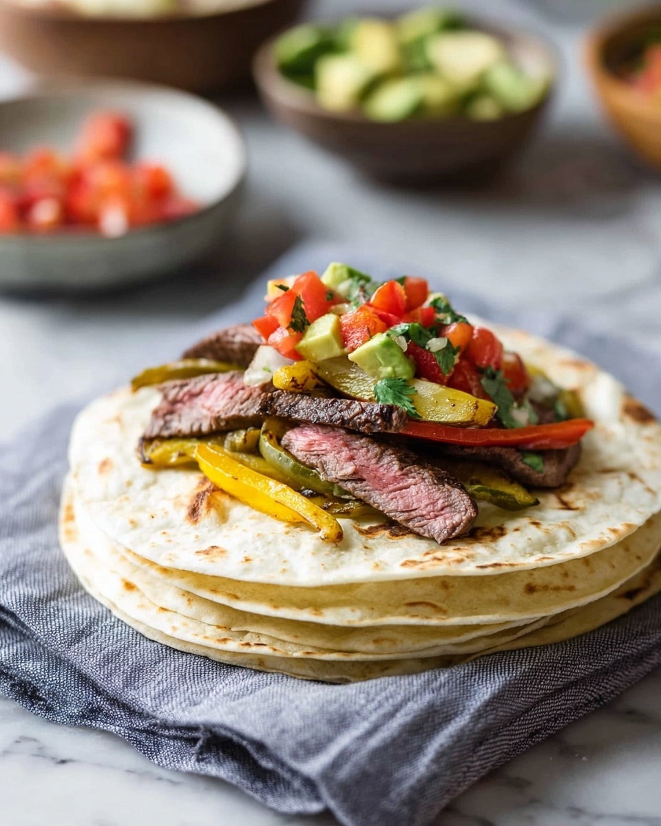 A stack of soft, white tortillas sits on a gray cloth over a white marbled surface. On top of the stack is a single tortilla with three main layers: the bottom layer has grilled yellow and green bell pepper strips and cooked onions with a lightly browned texture; the middle layer has sliced grilled steak pieces with a pink center and a slight char on the edges; the top layer is a colorful mix of diced red tomatoes, green avocado chunks, and bits of chopped white onion and cilantro. In the blurred background, there are two bowls, one with diced avocado and the other with diced tomatoes. photo taken with an iphone --ar 4:5 --v 7