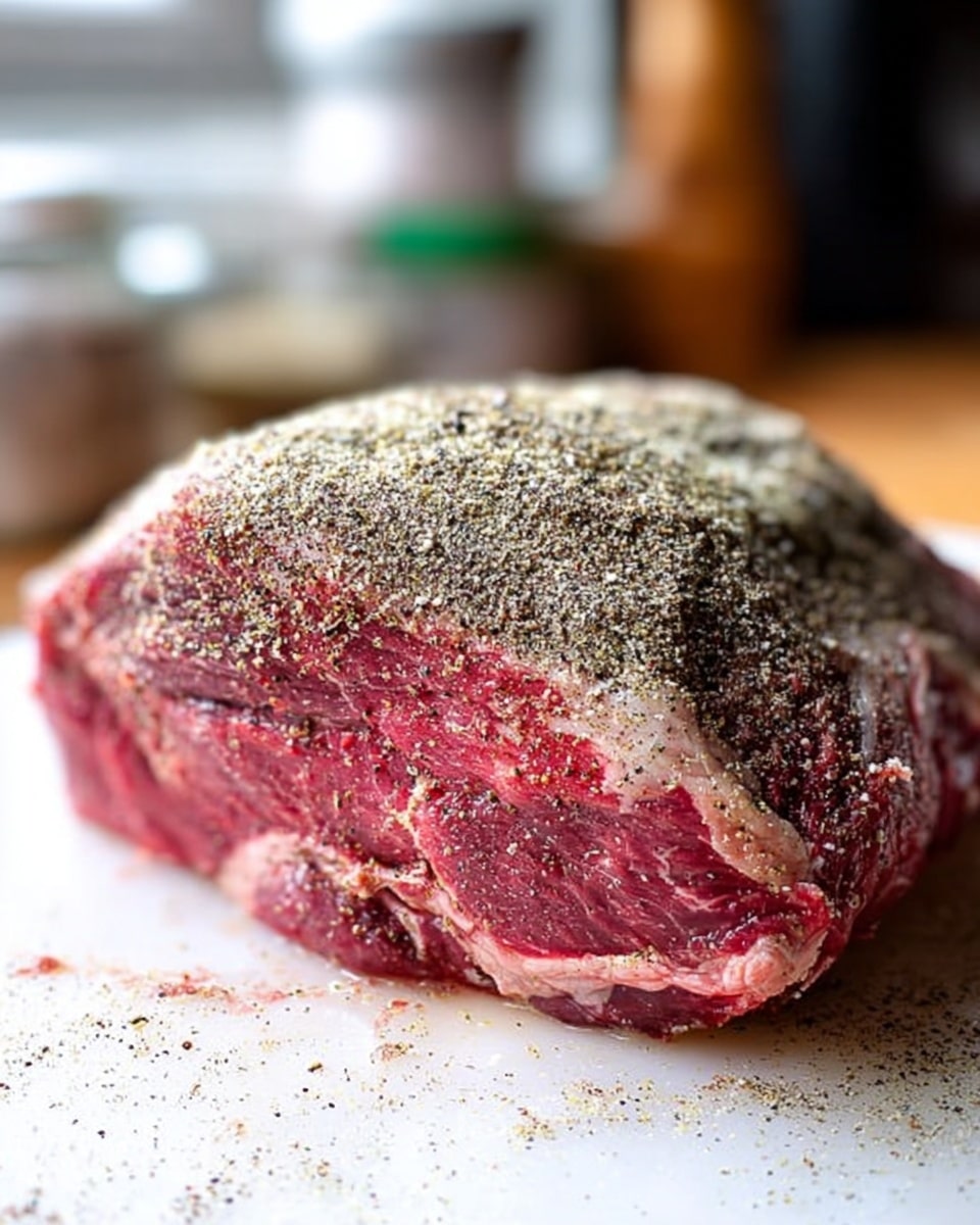 A close-up view of a large raw beef roast placed on a white marbled surface covered with a light dusting of black pepper and salt. The roast shows a rich red color with veins of white fat marbled through it, and the top is densely coated with a layer of cracked black pepper and coarse salt, giving a rough textured look. The background is softly blurred with kitchen items in the distance, keeping focus on the meat. The lighting highlights the fresh, raw texture of the beef, making the colors vibrant and natural. photo taken with an iphone --ar 4:5 --v 7
