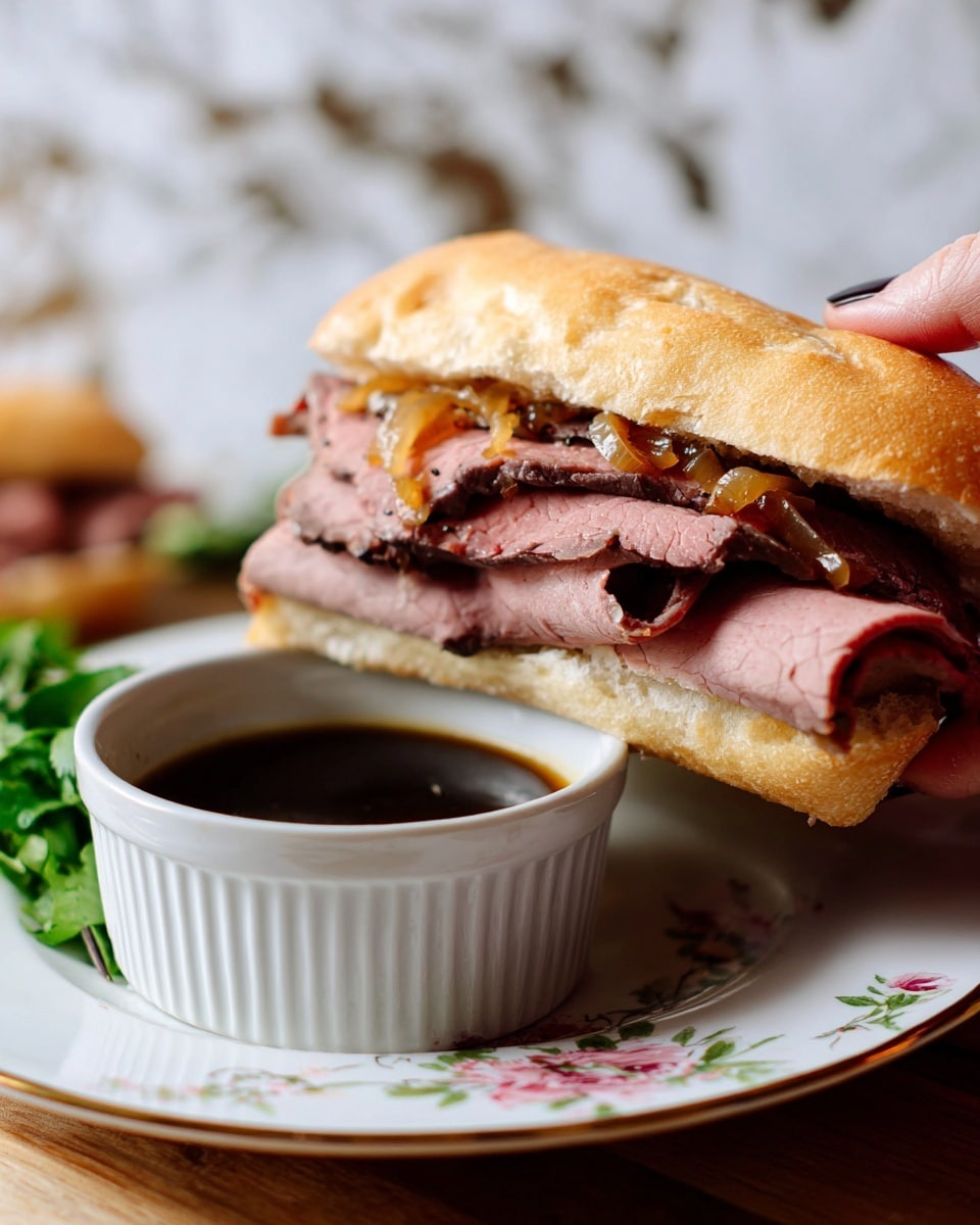 A white sandwich roll holds a roast beef sandwich with several layers of sliced pink and brown roast beef stacked inside, topped with caramelized golden brown onions. The sandwich is held by a woman's hand on the right side of the image. Below the sandwich is a white ribbed small bowl filled with dark brown dipping sauce, placed on a white plate with a delicate floral pattern on the edge. Some green leafy garnish rests beside the sauce bowl on the plate. The background surface has a white marbled texture with blurred elements. Photo taken with an iphone --ar 4:5 --v 7