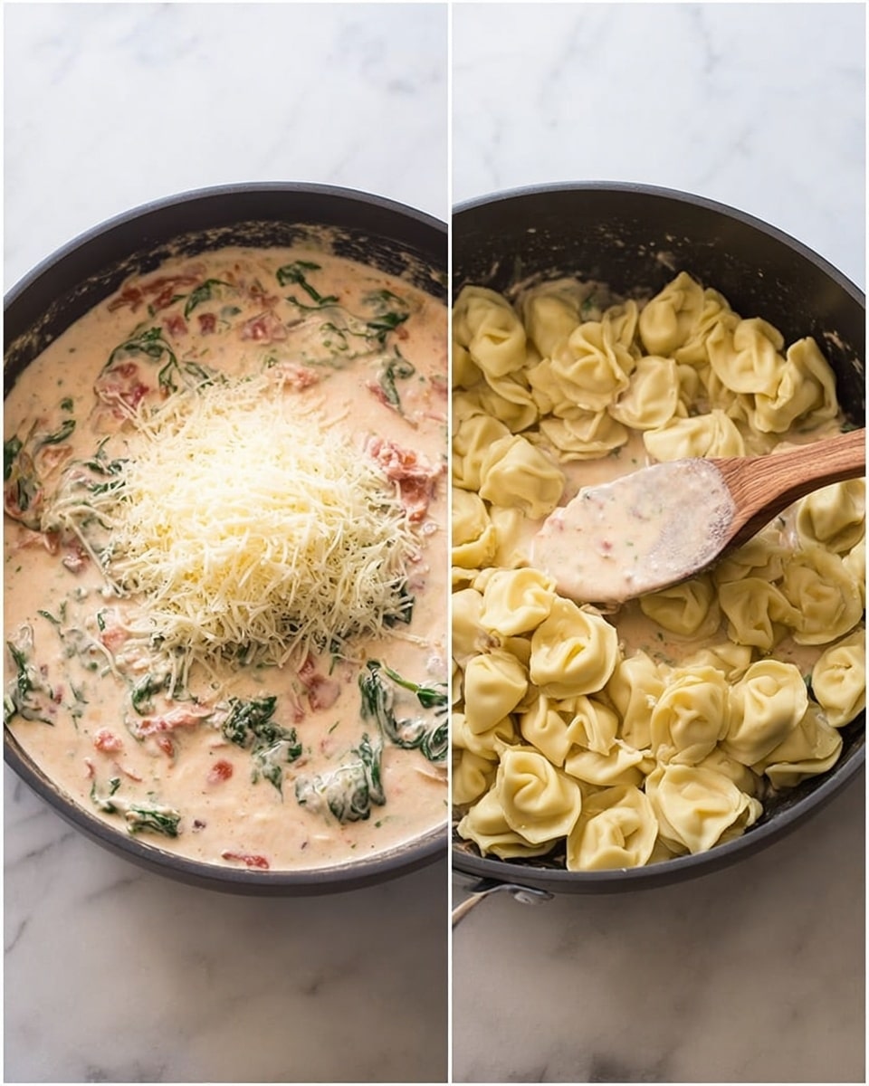 A black pan sits on a white marbled surface filled with creamy pink sauce that has green spinach leaves and small red pieces mixed inside, topped with a mound of finely shredded pale yellow cheese in the left image. In the right image, the same pan shows the creamy sauce partially covered by a large amount of cooked tortellini pasta that is light yellow and slightly glossy; a wooden spoon is resting in the pan, stirring the contents. Photo taken with an iphone --ar 4:5 --v 7