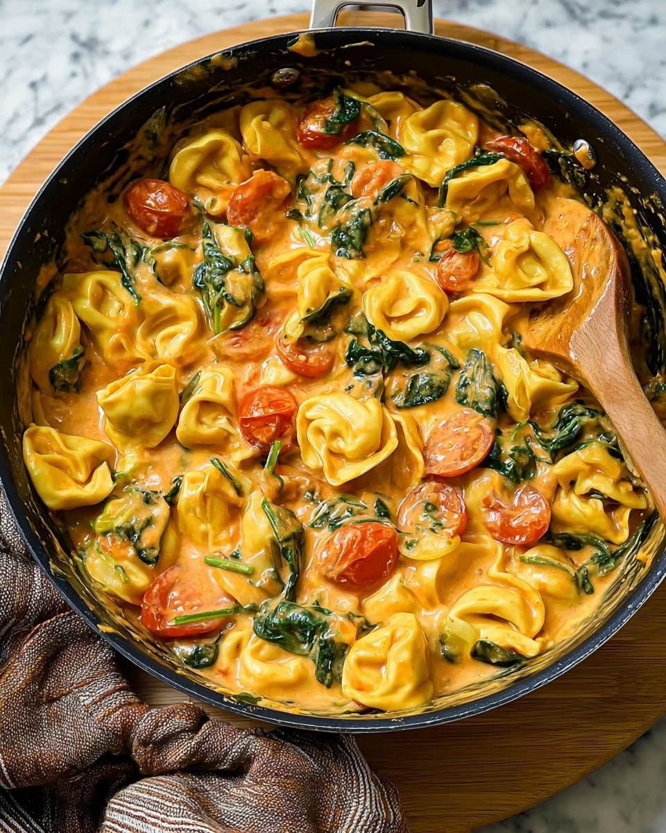 A close-up view of a black pan filled with creamy orange sauce mixed with yellow and green tortellini pasta, wilted dark green spinach leaves, and halved red cherry tomatoes. The sauce is thick and coats the pasta and vegetables evenly, with a wooden spoon partially visible on the right stirring the dish. The pan sits on a light wood round board, and a crumpled gray and brown striped cloth is placed nearby on a white marbled surface. photo taken with an iphone --ar 4:5 --v 7