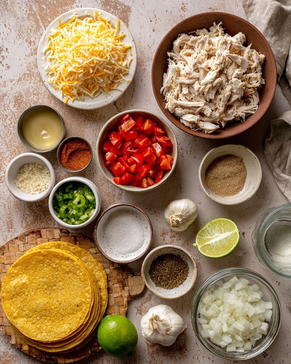 This image shows various cooking ingredients placed neatly on a textured brown surface with a white marbled background. In the center, there is a medium brown bowl filled with light shredded chicken. Above it, a white plate holds a pile of grated yellow and white colby jack cheese. To the left of the chicken bowl, a small white bowl contains bright red petite diced tomatoes. Below the tomatoes, there is a stack of yellow corn tortillas. Small bowls filled with light brown taco seasoning, white salt, and black pepper sit scattered around. A can of diced green chiles with chopped green pieces is open near the bottom left. A few garlic cloves and a whole garlic bulb rest near the right edge. A halved lime showing its light green inside sits on a brown grid-textured board. Chopped white onion pieces are contained in a speckled white bowl near the bottom right. A clear glass of water is visible near the lower center. The whole setup is clean and organized, ready for making tacos. Photo taken with an iphone --ar 4:5 --v 7