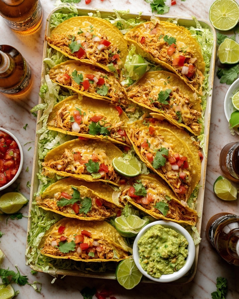 The image shows a white tray filled with eight crispy golden tacos arranged in two rows. Each taco has a crunchy yellow shell folded over a filling of shredded chicken mixed with melted cheese, small pieces of red and green bell peppers, and garnished with fresh green cilantro leaves. The tray is lined with chopped light green lettuce, scattered with fresh diced tomatoes and onions. There are lime wedges inserted between the tacos for decoration. On the bottom right of the tray, there is a small white bowl filled with smooth green guacamole with bits of tomato on top. Around the tray, more lime wedges, fresh cilantro sprigs, a small bowl of diced tomato salsa, and two clear bottles of amber beer are visible. The entire scene sits on a white marbled surface. photo taken with an iphone --ar 4:5 --v 7