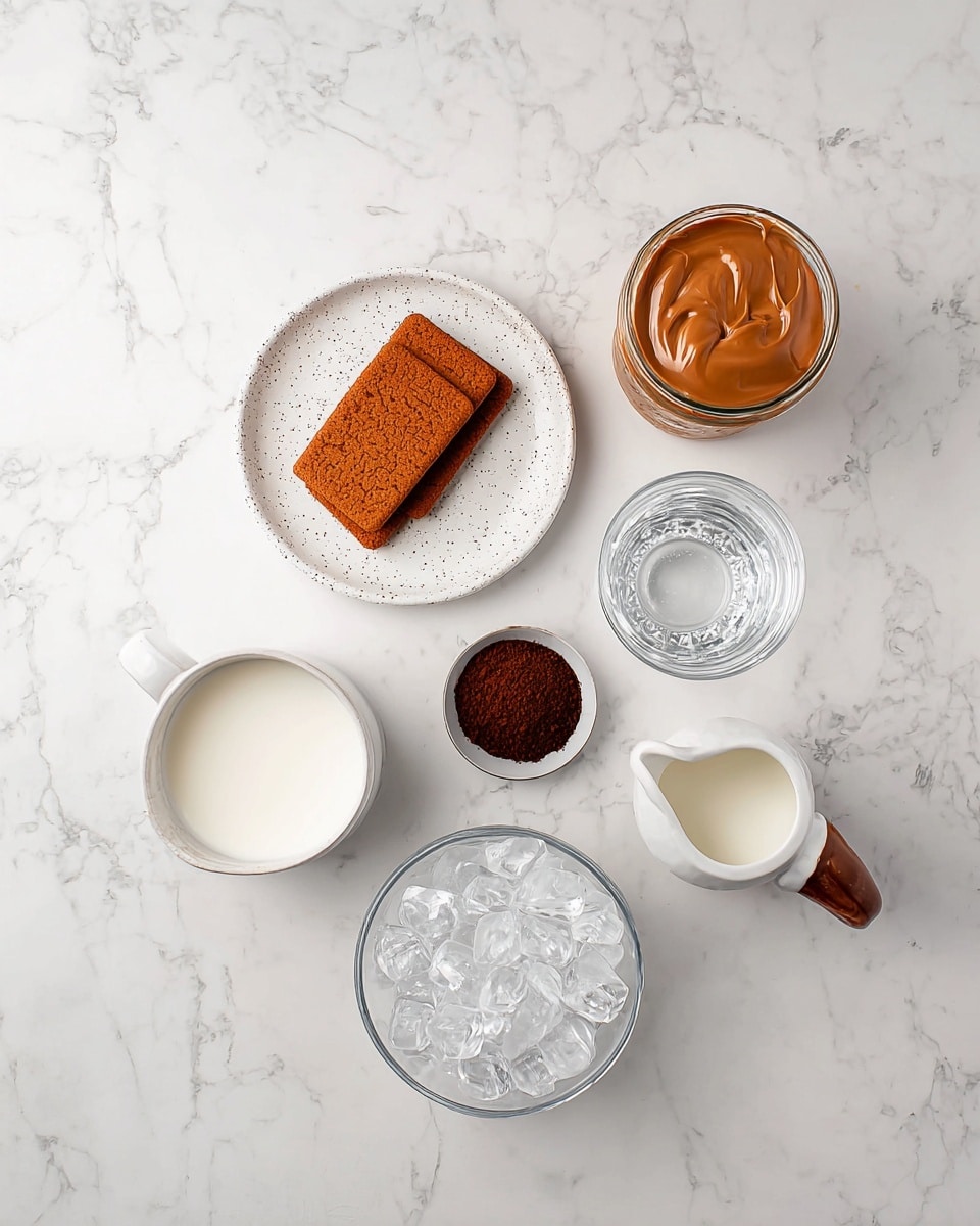The image shows six small containers of ingredients placed on a white marbled surface. Starting from the left, there is a white speckled plate holding five rectangular caramel-colored biscuits stacked neatly. Above the plate, there is an open jar filled with smooth, creamy light brown spread. To the right of the jar, a clear glass tumbler is empty and transparent. Below the tumbler is a small white ceramic pitcher with a large brown handle filled with a little cream. Next to the pitcher, a clear glass bowl is full of ice cubes. In the bottom left corner, there is a white ceramic jug filled with milk. Finally, in the center, a clear glass bowl holds finely ground dark brown powder. The photo taken with an iphone --ar 4:5 --v 7