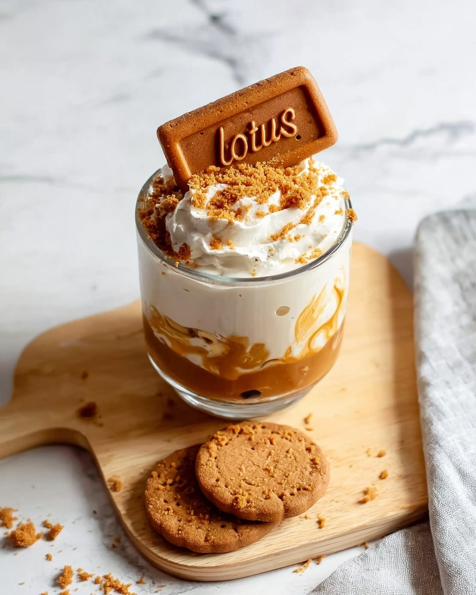 A clear glass cup shows a drink with three layers: the bottom layer is a rich brown caramel sauce, the middle layer is a mix of creamy white and caramel swirls, and the top layer is fluffy white whipped cream. Crushed brown cookie crumbs are sprinkled over the whipped cream, and a whole rectangular brown cookie with the word