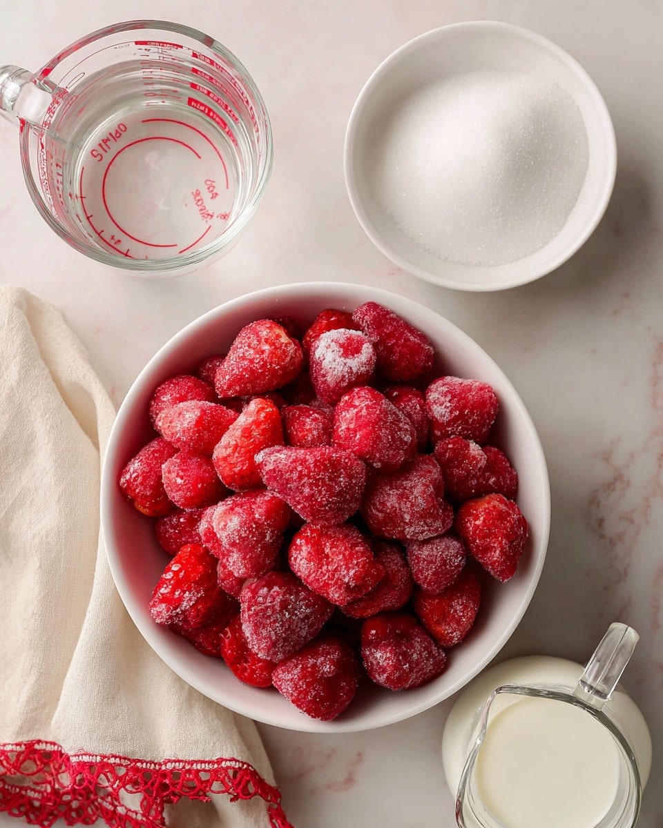 The image shows a white bowl filled with bright red frozen strawberries that have a frosty texture, placed slightly right of center on a white marbled surface. To the top left, there is a clear glass measuring cup of water with red markings, and to the top right, a white bowl filled with fine white sugar. At the bottom right, a clear glass jug with a handle contains white milk. A beige cloth napkin with a red lace edge lies partly underneath the strawberries bowl on the left side. The scene is softly lit and arranged neatly. Photo taken with an iphone --ar 4:5 --v 7