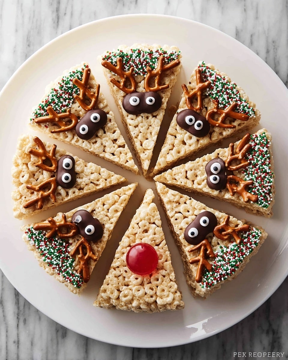 The image shows a white plate with eight triangular rice cereal treats arranged in a circle like a pizza. Each treat has a light golden color and is decorated with two small round candy eyes near the center and a pair of chocolate-covered pretzels placed at the wide end to look like antlers. Some triangles have red, green, and white sprinkles on the top corner near the pretzels. Small round candies are placed between the triangles in the center circle, with one red candy at the front and several dark brown candies filling the rest of the center. The background is a white marbled surface. photo taken with an iphone --ar 4:5 --v 7